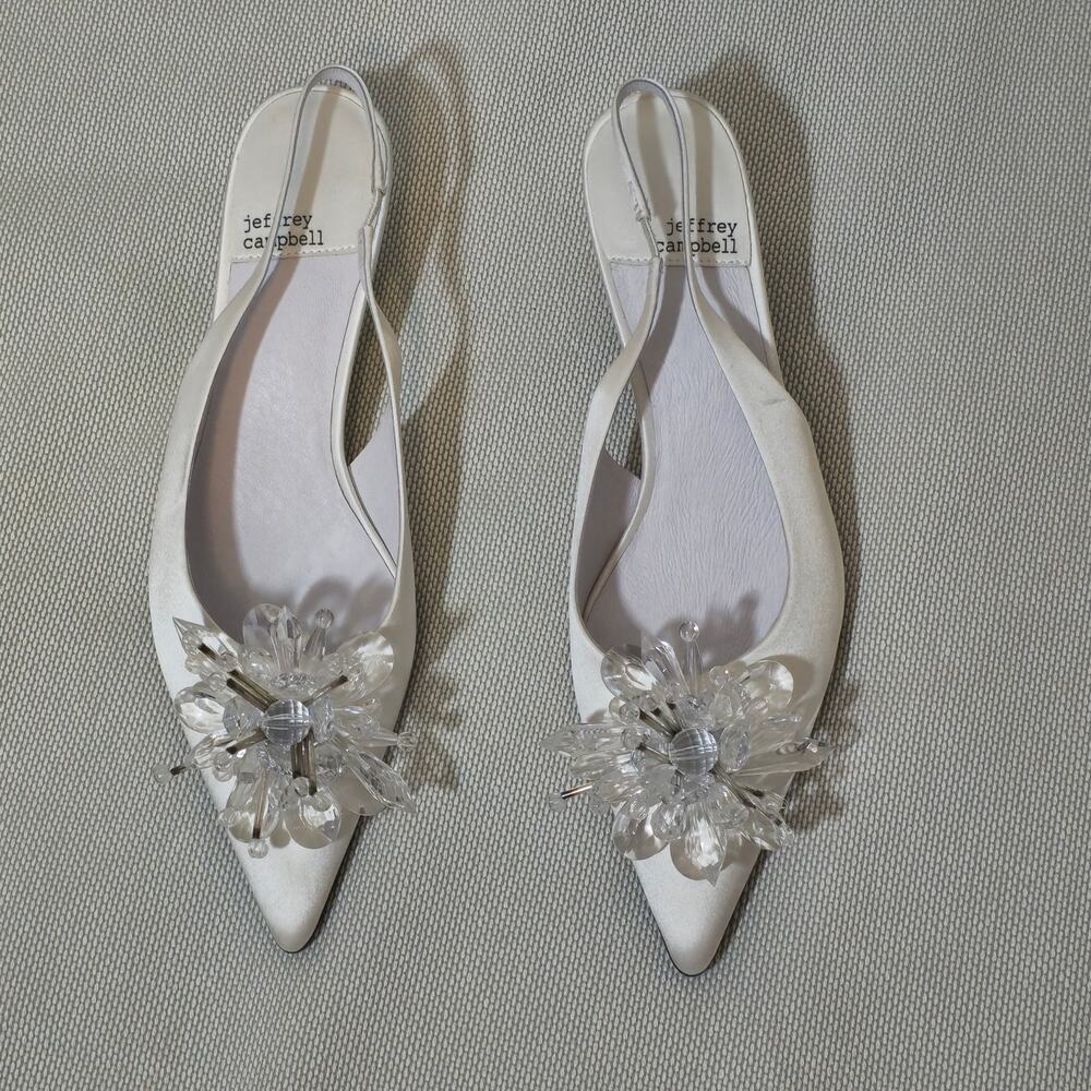 Jeffrey Campbell White Satin Crystal Embellishment Persona Kitten Heels Sz 6.5